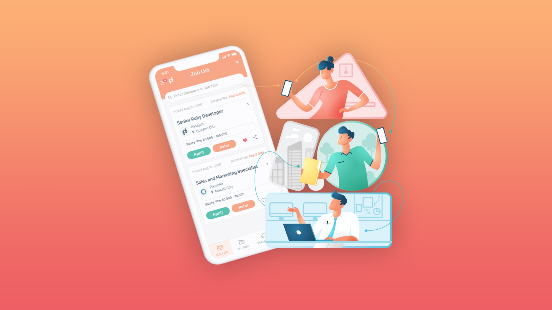 Vector illustration representing people using a mobile app